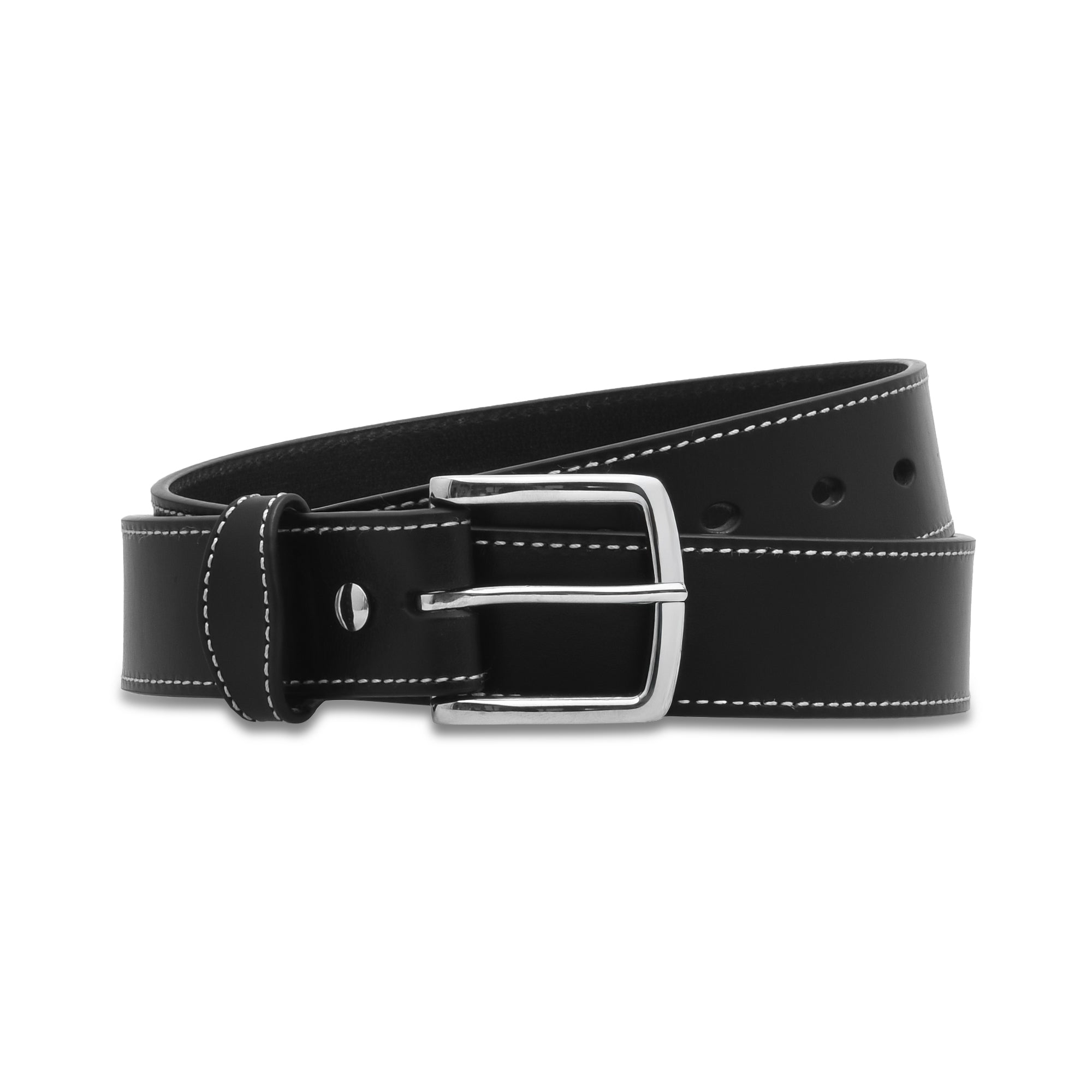Men's White Stitched Leather Dress Belt Black / 34