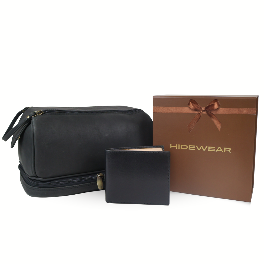 Men's Black Leather Toiletry Bag & Wallet Gift Set