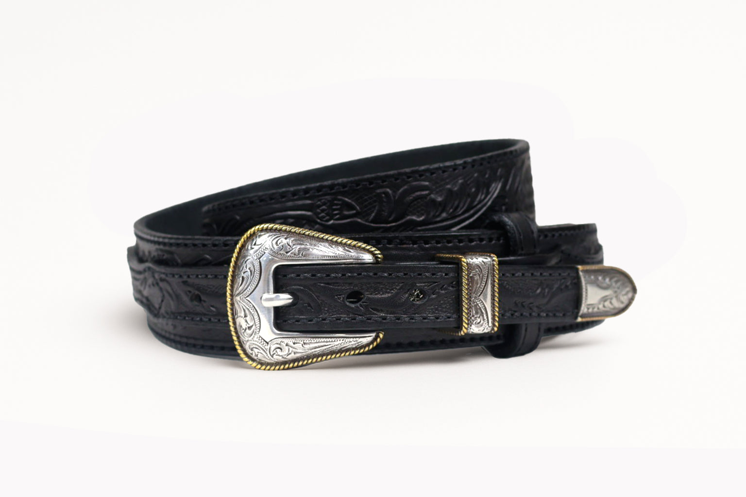 Men's Black Western Tooled Belt with 3 Piece Buckle Set