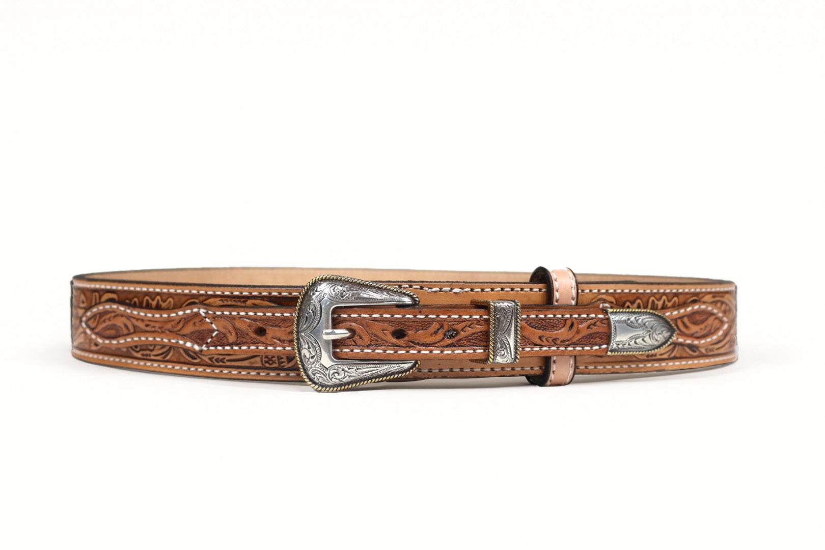 Men's Tan Western Tooled Belt with 3 Piece Buckle Set