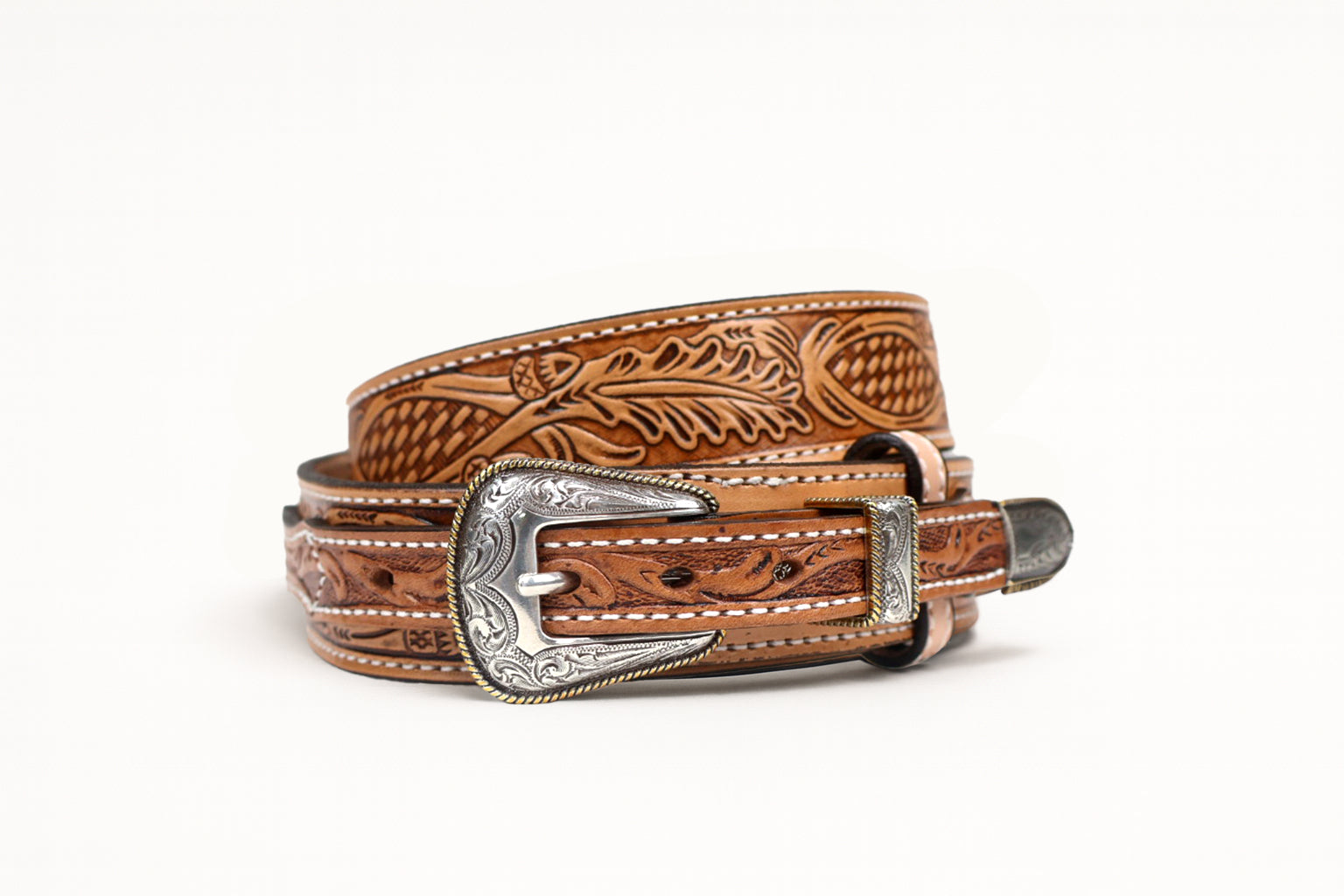 Men's Tan Western Tooled Belt with 3 Piece Buckle Set