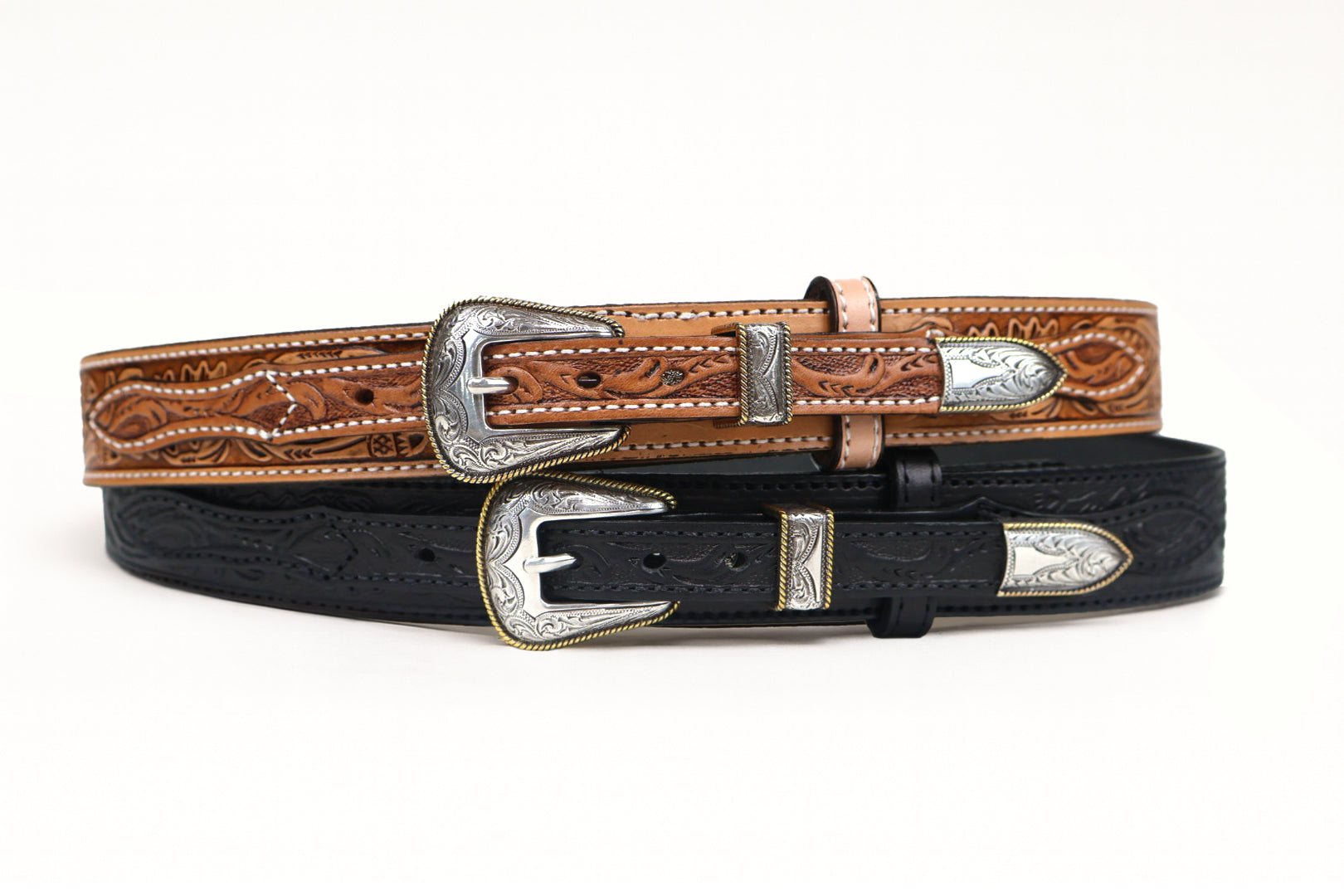 Men's Black Western Tooled Belt with 3 Piece Buckle Set