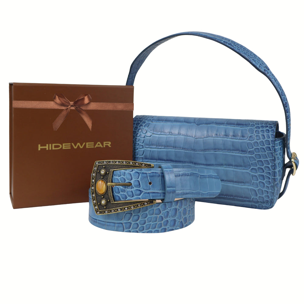 Women's Blue Moon Gift Set - Italian Shoulder Bag & Croc Belt