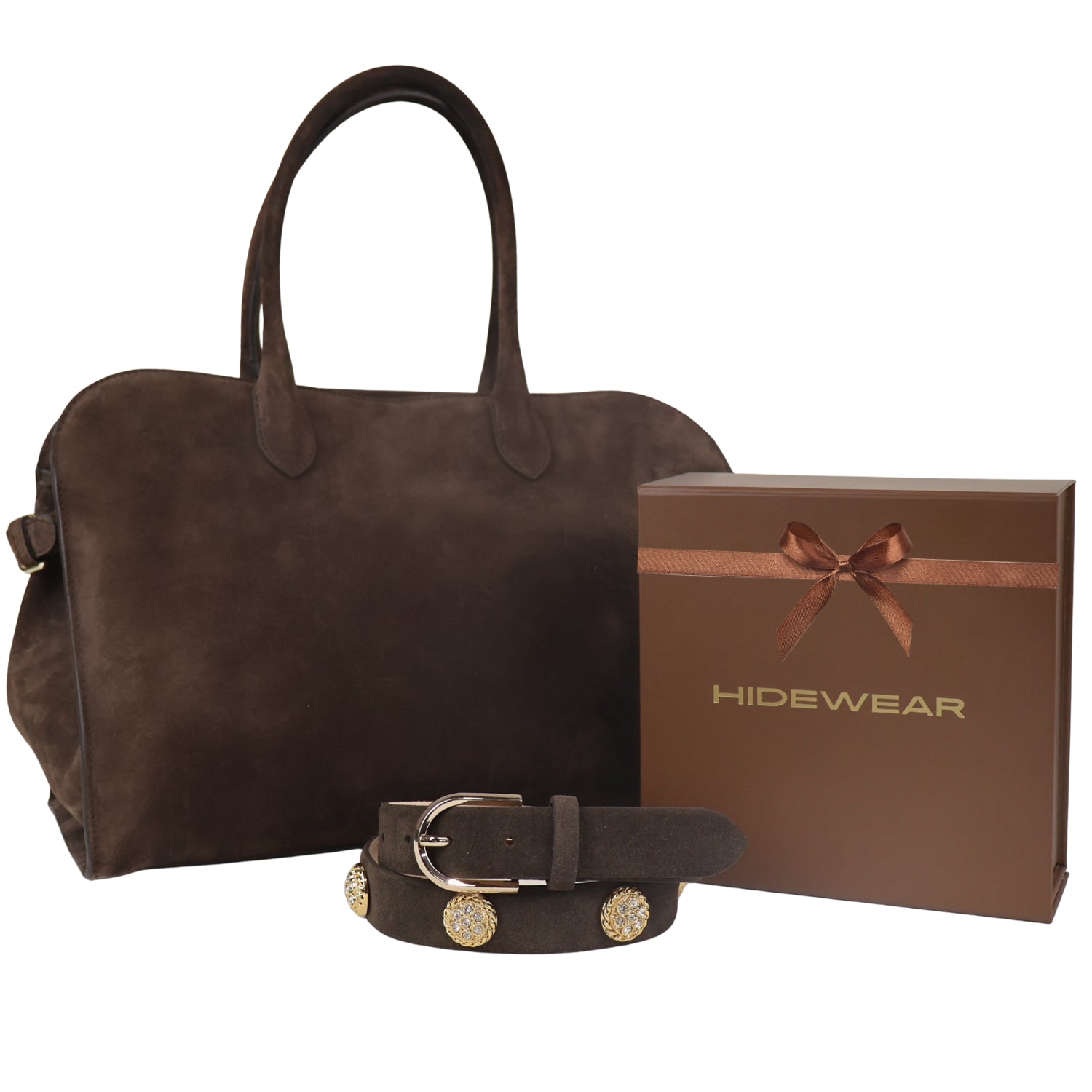 Women's Chocolate Gift Set - Italian Suede Tote Bag & Jewel Belt