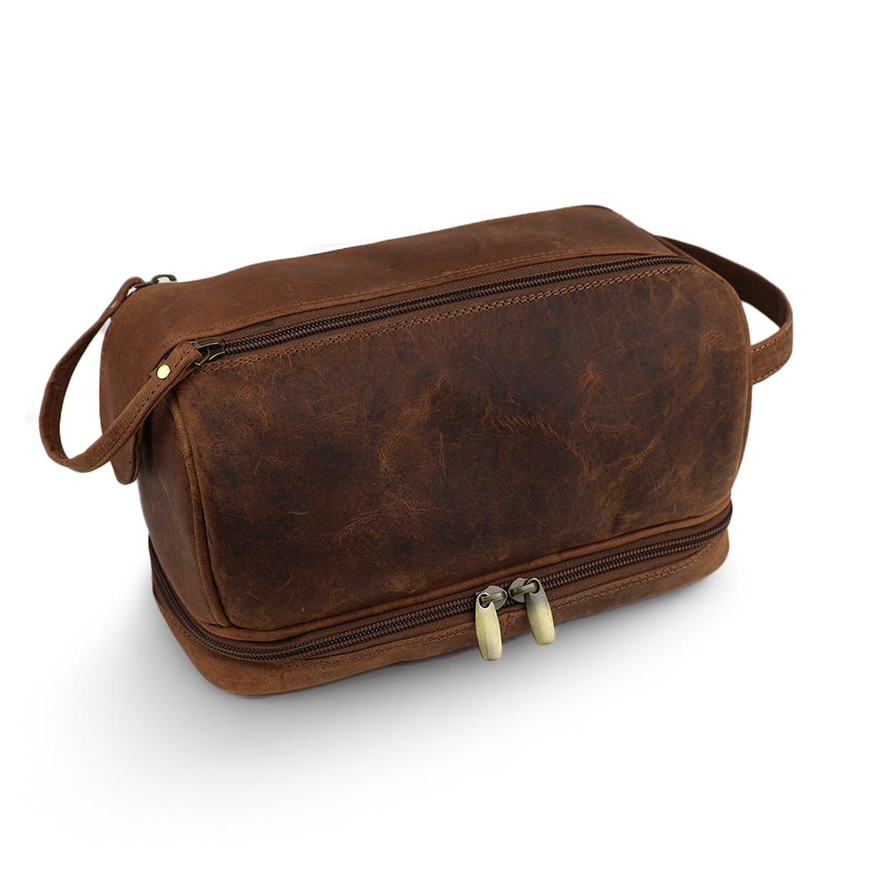Men's Brown Leather Toiletry Bag & Wallet Gift Set