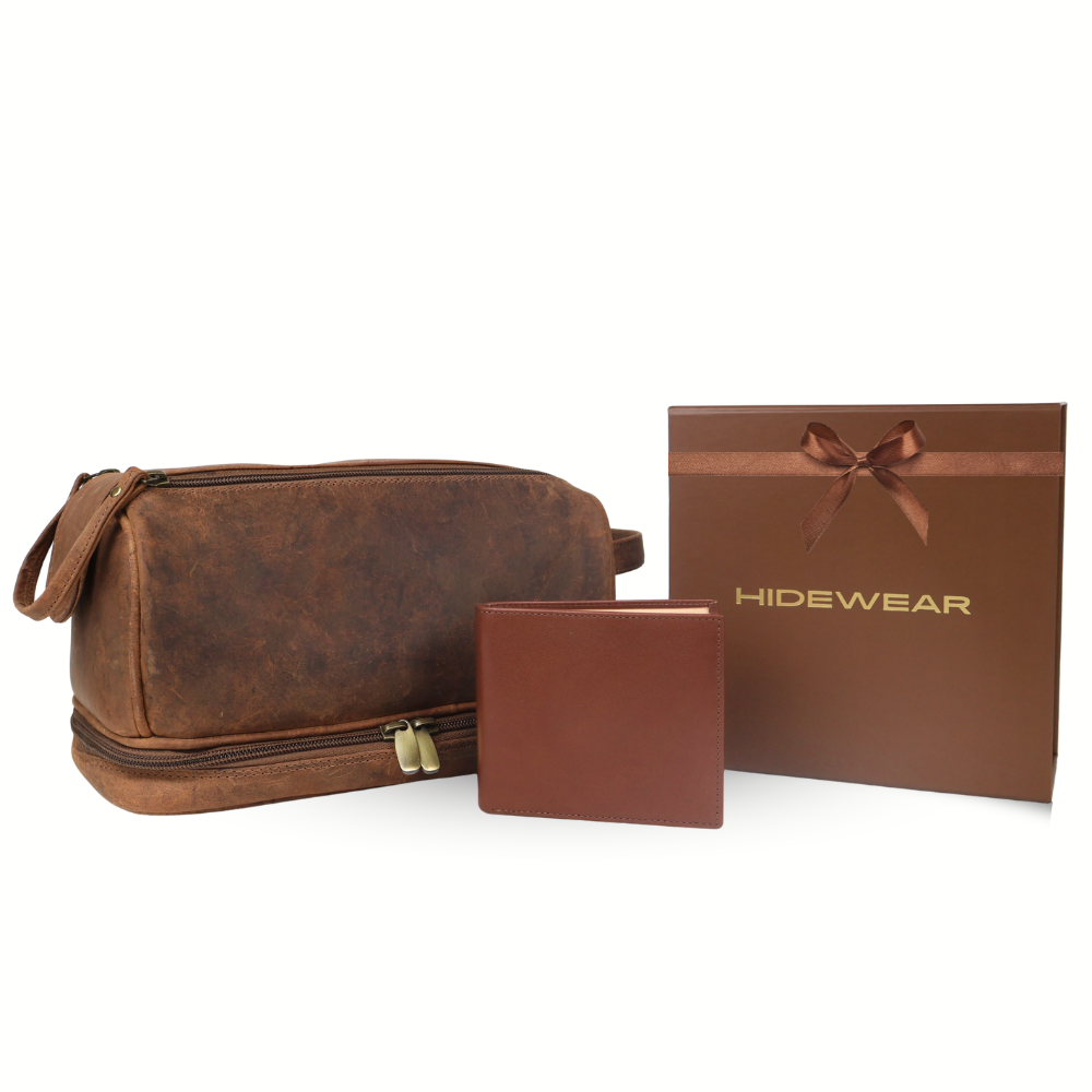 Men's Brown Leather Toiletry Bag & Wallet Gift Set