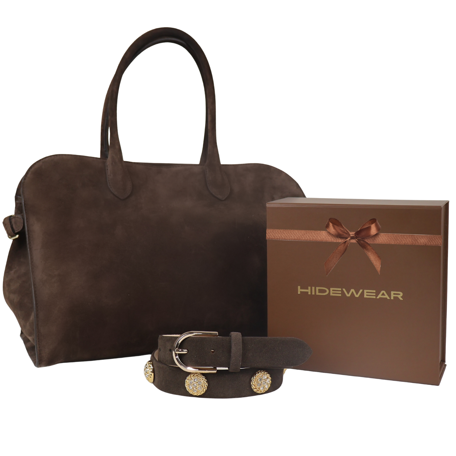 Women's Chocolate Gift Set - Italian Suede Tote Bag & Jewel Belt