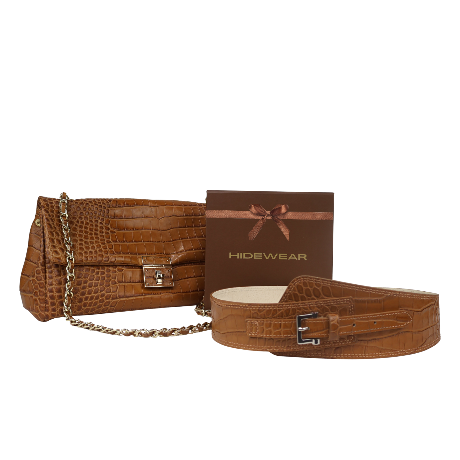 Women's Cognac Crocodile Gift Set - Italian Flap Bag & Croc Belt